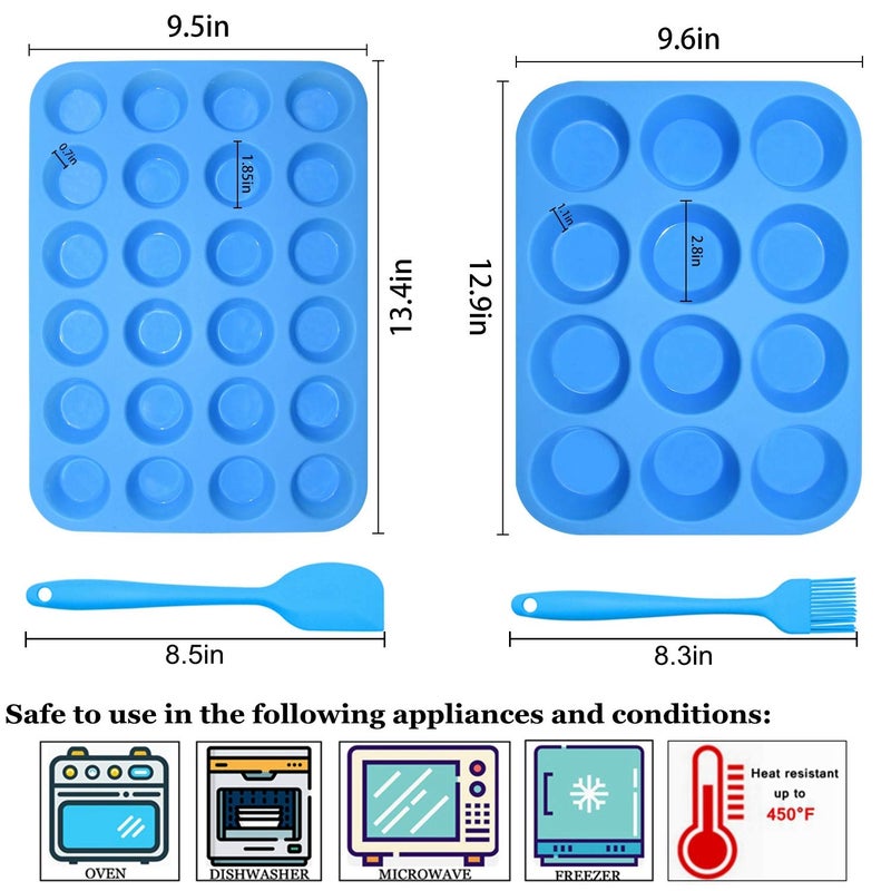 Helpcook Silicone Muffin Pan Cupcake Set â€“ Non-Stick 12 Cups and Mini 24 Cups,Silicone Baking Molds,BPA Free Muffin Tin with 1 Spatula & 1 Oil Brush (blue) - Image 5
